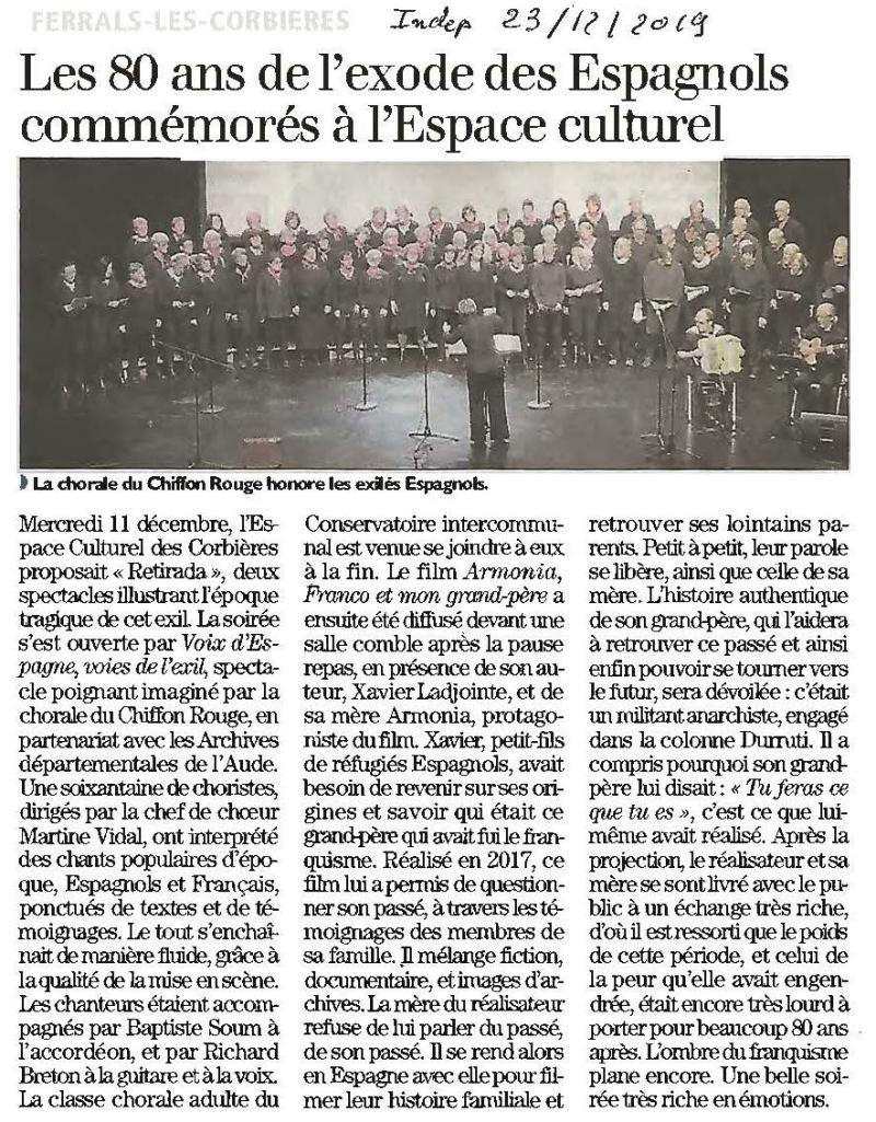 Article de presse : <span>"Voix d'Espagne, Voies de l'Exil": Ferrals les Corbières 11-12-2019</span>
